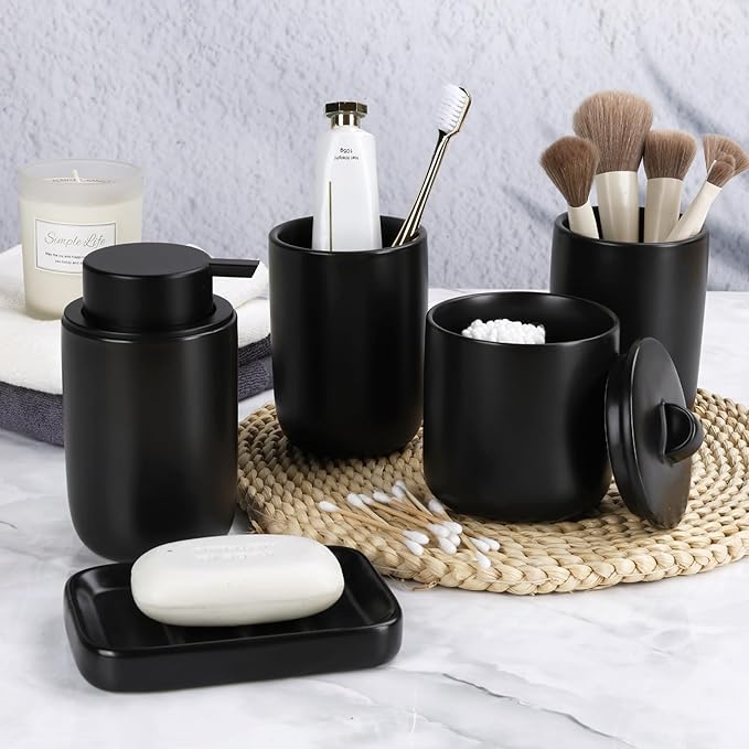 BosilunLife Ceramic Bathroom Accessories Sets Complete Bathroom soap Dispenser and Toothbrush Holder Set (Black-Foam)