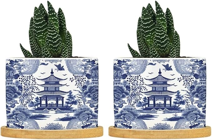 Chinoiserie Blue Asian Ceramic Planter Chinoiserie Chic Asian Pots for Plants with Drainage Holes and Saucers Pot for Succulents Cactus Garden Windowsill