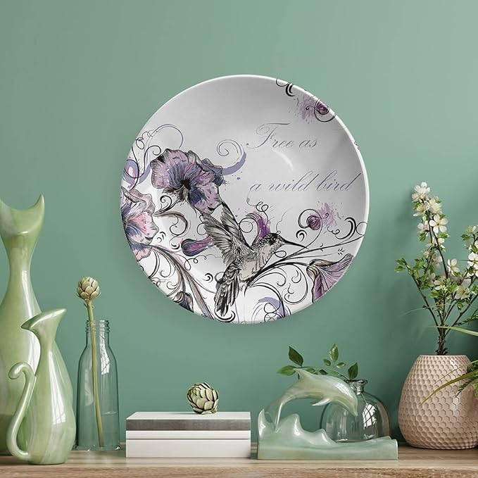 XISUNYA 7 Inch Decorative Plate, Hummingbird Ceramic Stoneware, Flowers Leaves Bird and Classic Print Ornament Display Plate Decor Accessory for Dining, Parties, Wedding