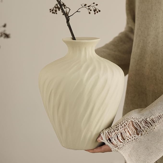 Ceramic Vase - 9.84 Inch Beige Flower Vase for Home Decor, Boho Farmhouse Minimalist Modern & Wabi Sabi Centerpiece with Textured Wave Pattern for for Living Room, Ideal Gift for Housewarming