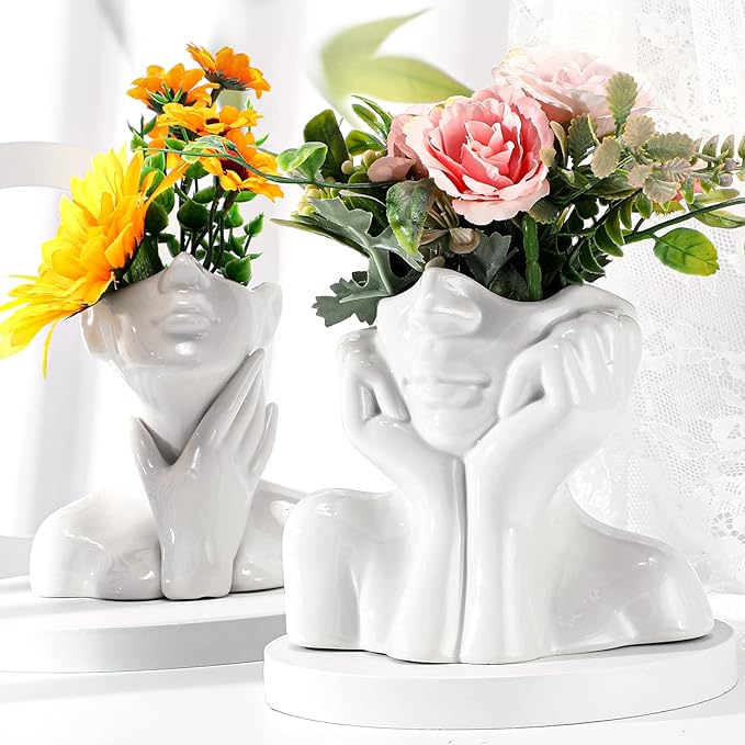 Sieral 3 Pcs Ceramic Face Vase Female Form Flower Modern Body Vase for Decor with Head Half Body Bust Centerpiece for Table Shelf Home Bedroom Room Office(Large,White)