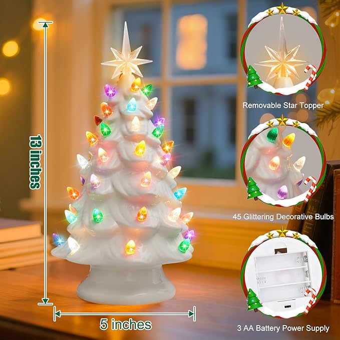 13 Inch Ceramic Christmas Tree, Tabletop Christmas Tree with Multicolored LED Lights and Star, Battery Operated Vintage Lighted Ceramic Tree for Home Office Table Holiday Decorations, White