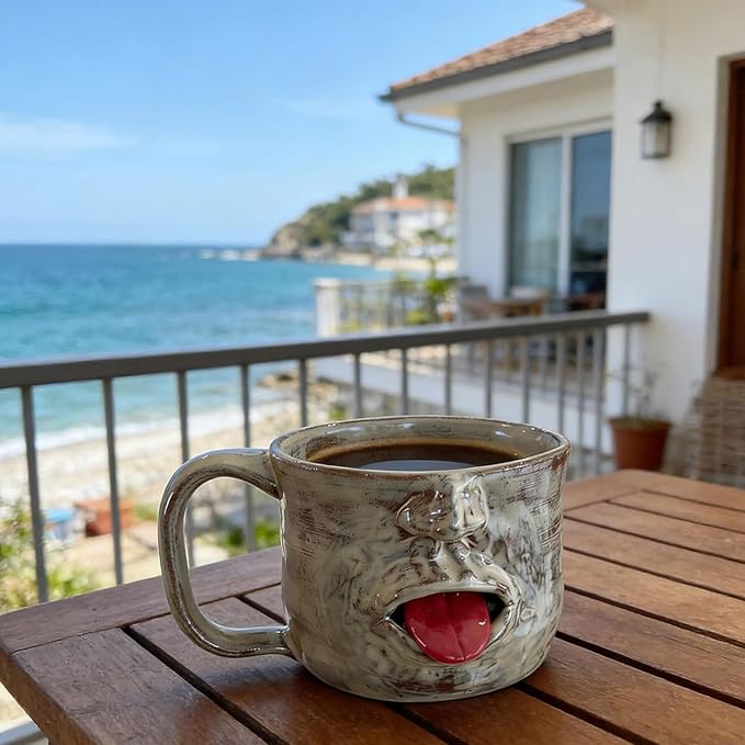 Handmade Face Shaped Ceramic Mug, Funky Novelty Sculptural Coffee Cup with Tongue, Unique Artisanal Pottery for Tea or Coffee, Perfect Gag Gift for Friends, Office & Home Decor (1pc)