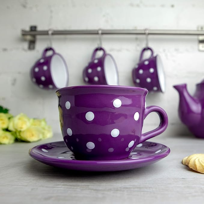 City to Cottage Handmade Purple and White Polka Dot Large Ceramic 12oz/350ml Cappuccino Coffee Tea Cup and Saucer, Unique Designer Pottery for Tea Lovers