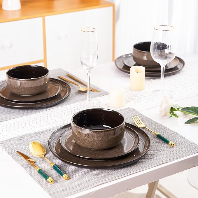 LeRatio Ceramic Dinnerware Sets for 4,12-Piece Plates and Bowls,Handmade Reactive Glaze Dishes Set, Scratch Resistant | Oven&Dishwasher & Microwave Safe,Service for 4（12pcs),Modern-Chestnut