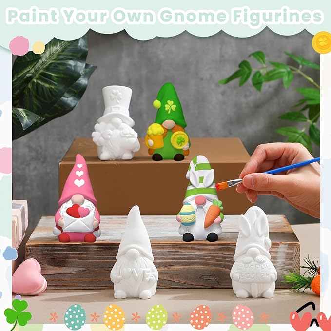 VioraWhite 6 Pcs Easter Gnome Ceramics to Paint Galentines Crafts Seasonal Holiday Ready to Paint Your Own Gnome Statues 4'' Mini Unpainted St. Patrick's Day Valentine Ceramics Figurines to Painting