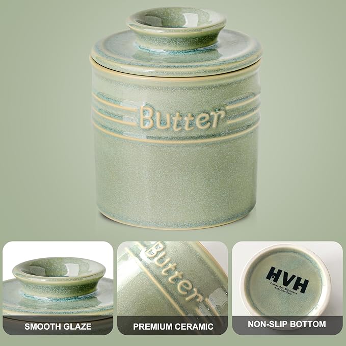 HVH Ceramic Butter Crock with Water Line, French Butter Dish with Lid for Countertop, Butter Keeper for Counter, Butter Holder for Soft Butter (Turquoise, 4 x 4)