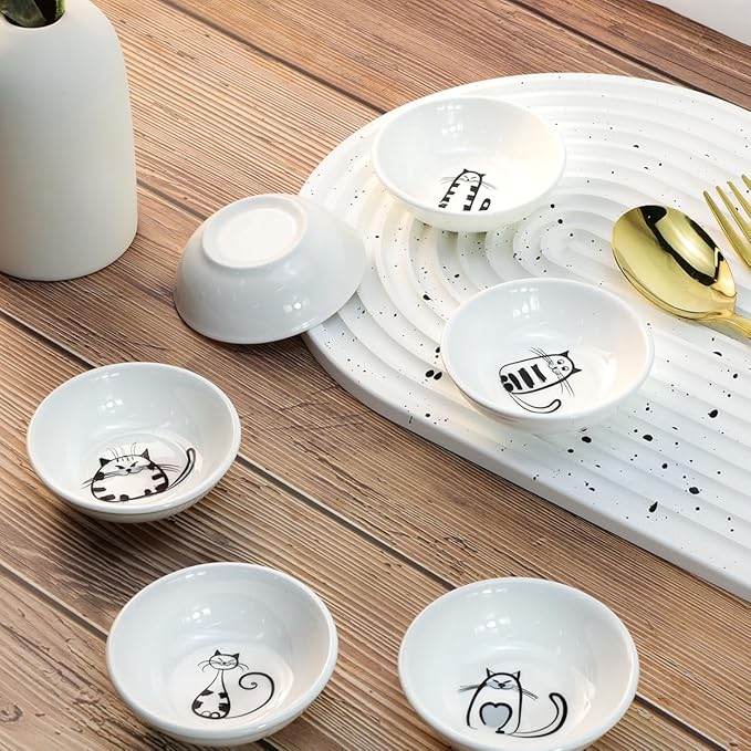 SOCOSY Super Cute Cat Ceramic Sauce Dish/Seasoning Bowl/Sushi Soy Dipping Bowl/Appetizer Plates/Serving Dish for Kitchen Home (Set of 6)