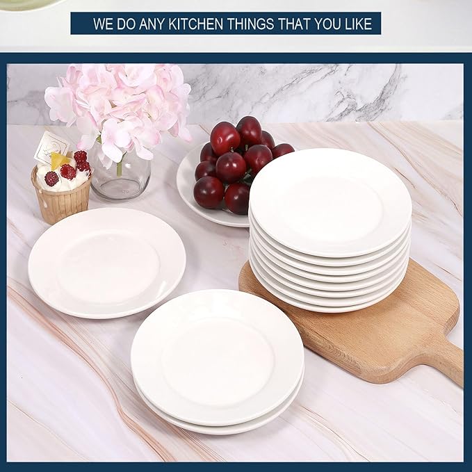 IJRPLM12 Pcs Porcelain Dessert/Salad Plate,Small Appetizer Plates,7 inch Small White Plates,Ceramic Dessert Plate Set,Microwave Oven and Dishwasher Safe