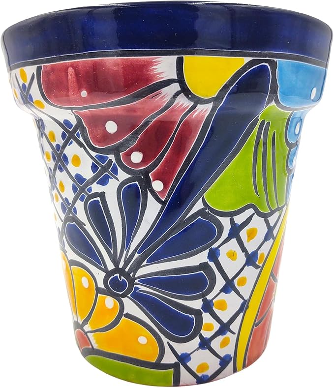 Cactus Canyon Ceramics Talavera Planter, Hand-Painted Mexican Traditional Ceramic Pot with Drainage Hole, Indoor Outdoor Rustic Botanical Terracotta, 7 Inch, Dark Blue Multicolor
