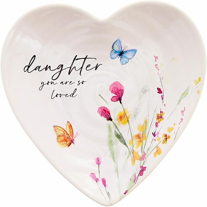 Pavilion Gift Company - Daughter - Ceramic Heart-Shaped Keepsake Dish, Watercolor Floral Design, Unique Daughter Gifts, Trinket Dish, Ring Holder, Jewelry Dish, 1 Count, 4.5-Inches