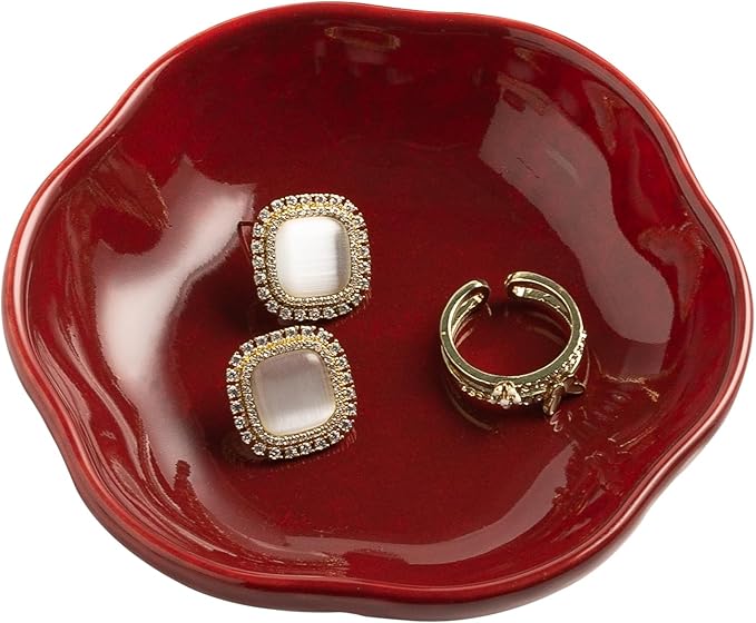 Ceramic Ring Dish Flower Jewelry Holder Dish Cute Jewelry Dish Tray Trinket Dish Small Decorative Tray Key Bowl Room Decor Aesthetic for Mom Best Friend Sister (red)