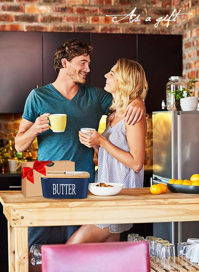 Butter Dish with Lid, Home Decor, Large Butter Dish for Countertop Ceramic Butter Keeper Container with Knife and High Quality Silicone Sealing Good Kitchen Gift Blue