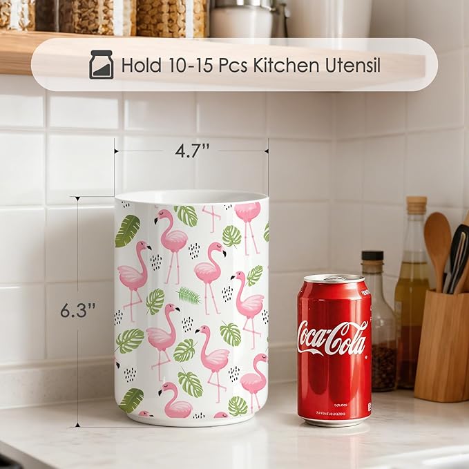 Utensil Holder,Pink Countertop Ceramic Utensil Holder Large Cooking Utensil Crocks for Kitchen Counter Decor, Morden Organizer,Ceramic Vase for Kitchen Utensils, Spatula Rack,6.3"+4.7"(Flamingos)