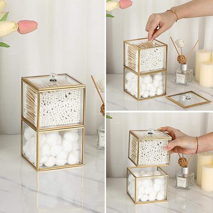 Hipiwe Glass Qtip Holder Dispenser with Lid 2-Tier Stackable Bathroom Containers Cotton Ball & Swab Holder Vanity Organizer Jars Gold for Makeup Pads