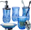 Bathroom Accessories Set,5 Pcs Blue Glass Bathroom Accessory Set,Complete Lotion Soap Dispenser,Toothbrush Holder,Soap Dish,Tumbler & Jar,Modern Bathroom Decor Sets Gift,Round