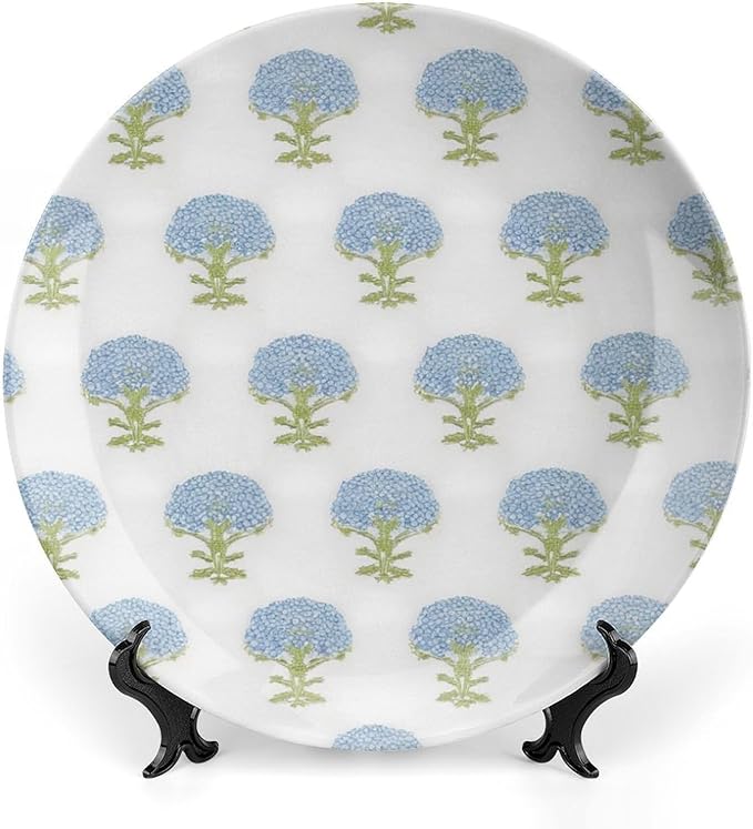 Hydrangea Springtime Blue Flower Ceramic Decorative Plate of 6", 7", 8", 10", Custom Christmas Design Wall Hanging Decoration Gifts Farmhouse Table Decorations Display, with Vertical Stand