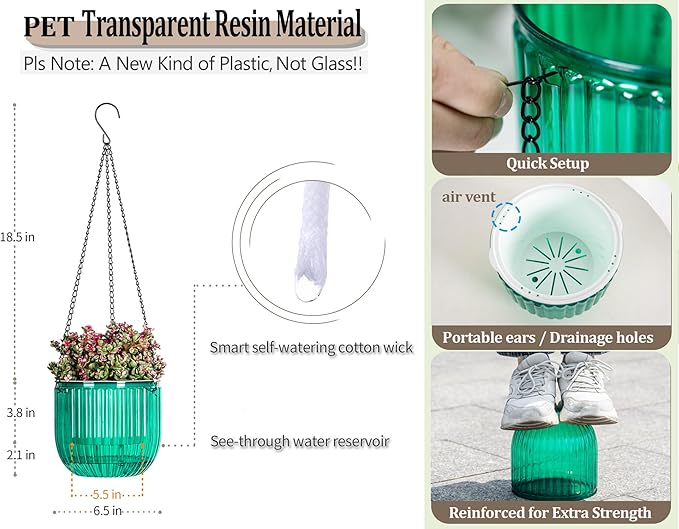 Melphoe 2 Pack Self Watering Hanging Planters Indoor Flower Pots, 6.5 Inch Outdoor Hanging Plant Pot Basket, Plant Hanger with 3Hooks Drainage Holes for Garden Home