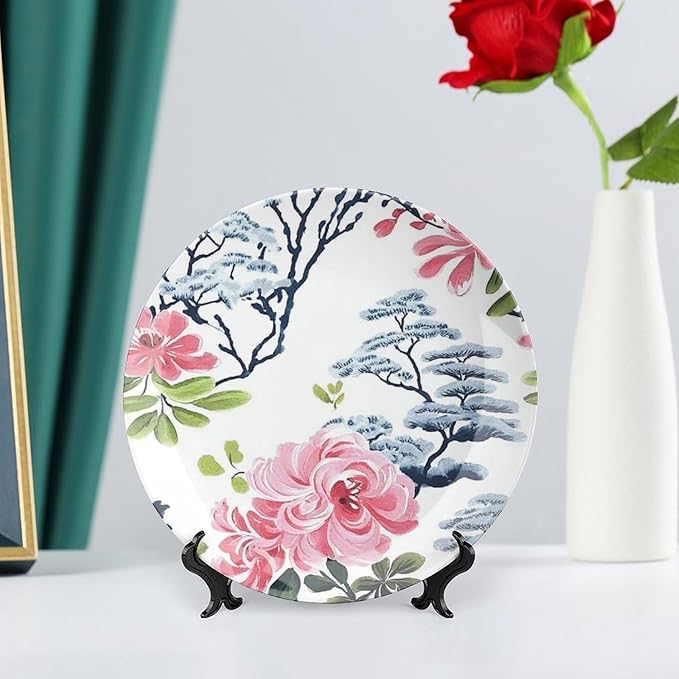Chinoiserie Asian Floral Ceramic Decorative Plate for Display Pink Flowers in White Festival Wedding Supplies Wall Household Holiday Party Decorations Customize Gifts for Men Women Wedding