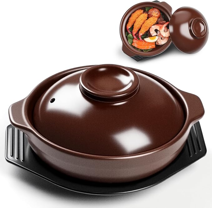 30 oz Korean Ceramic Gas Stove Clay with Lid, Sizzling Hot Pot with Double Handles for Bibimbap, Soup, Rice, Stew, Casserole, and Noodle Cooking, Clay Pot for Gas Stove Use
