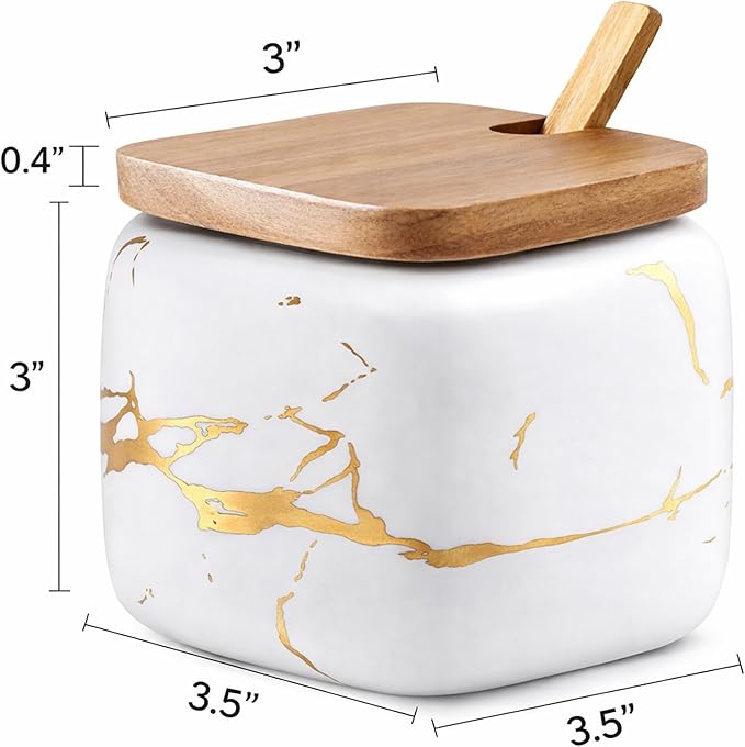 Marble Ceramics Sugar Bowl Ceramic Seasoning Box Ceramic Spice Jars Porcelain Condiment Pots with Lid and Spoon (White)
