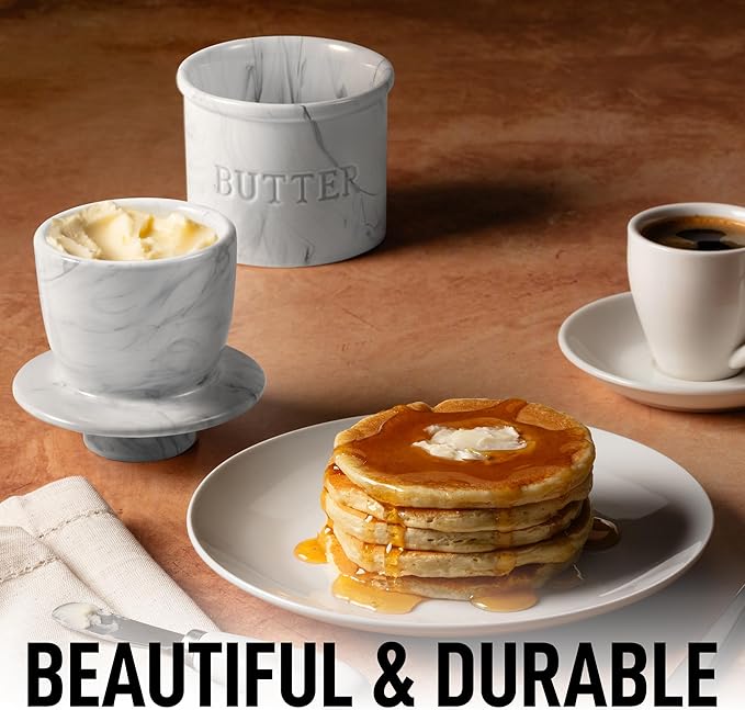 Zulay Kitchen Bell Shaped Butter Crock with Lid for Countertop with Water Line & Spreader Knife, Ceramic French Butter Dish Keeper For Fresh, Soft & Spreadable Butter - Marble