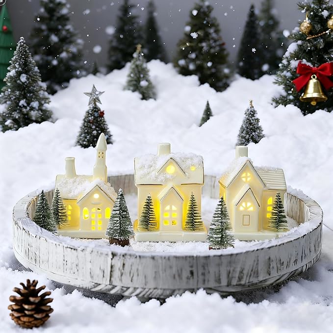 Timer: White Ceramic Christmas Village Houses, 3Pcs Light Up Christmas Village Sets with 4Pcs Trees, LED Lighted Tabletop House Figurines for Home Decor, Winter Holiday, Xmas Gift