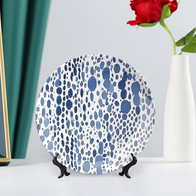 Fashion Plates Blue And White Watercolor Dots Custom Decor for Art Decoration Household Housewarming Gifts Farmhouse Dinner Plates Unique Art with Stand, Multi Sizes by Choosing, Gifts for Men Women