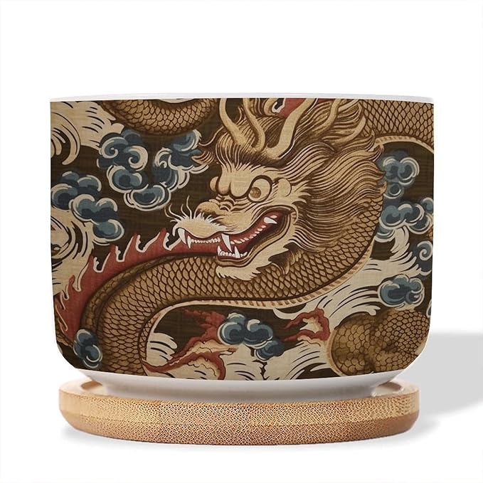 1 Piece Antique Chinoiserie Dragon Small Ceramics Planter Chinoiserie Flower Pot Planter with Drainage Bamboo Trays Dragon Gold Oriental Style Asian Ceramics Pots for Plants