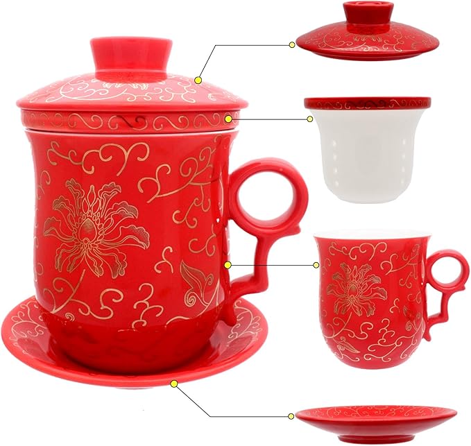 Porcelain Tea Cup with Infuser Lid and Saucer Sets - Chinese Jingdezhen Ceramics Coffee Mug Teacup Loose Leaf Tea Brewing System for Home Office