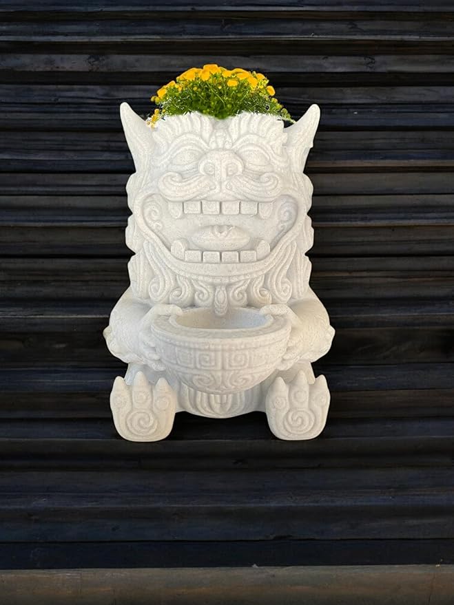 Wall Planter – Chinese Foo Lion Guardian Flower Pot, Hanging Dragon Dog Planter for Indoor & Outdoor Garden Decor, Unique Wall Art for Plants & Succulents (White Marble Stone, Larger 8" Height)