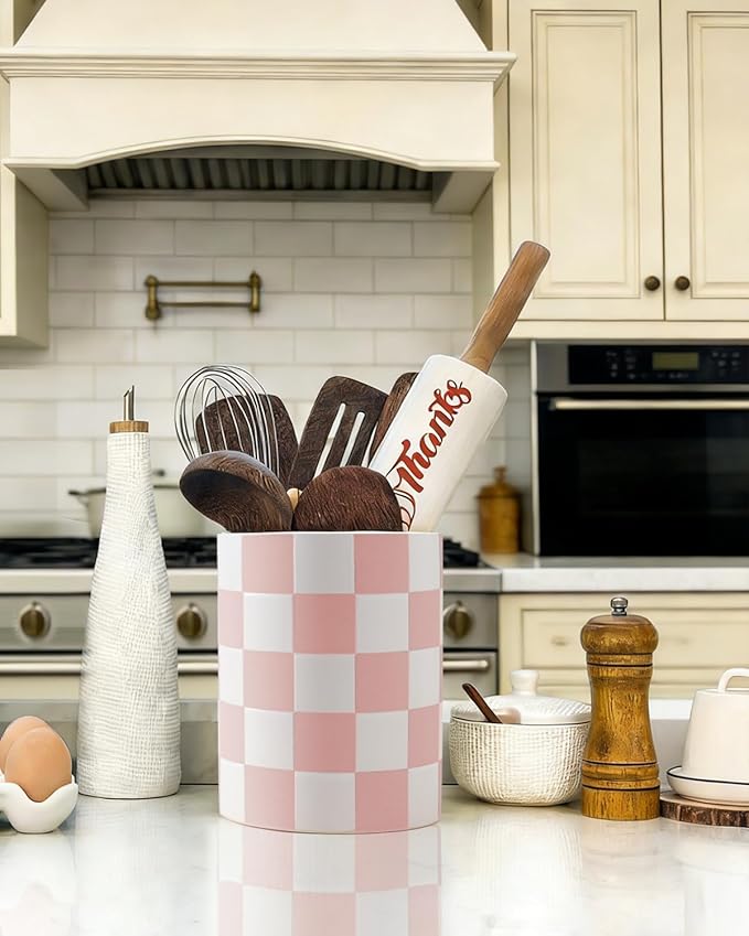 Utensil Holder，7.2 Inch Checkered Utensil Holder, Ceramic Cooking Utensil Spoon/Spatula Holder for Countertop, Kitchen Decor and Accessories for counte(Purple)