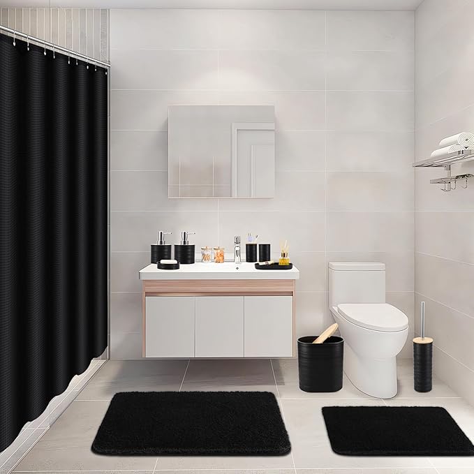 Bathroom Set - Black Bathroom Accessories Set, Bathroom Sets with Shower Curtain and Rugs, 25PC Shower Curtain Set with Hooks, Soap Dispenser, Soap Dish, Toilet Brush Holder and Trash Can