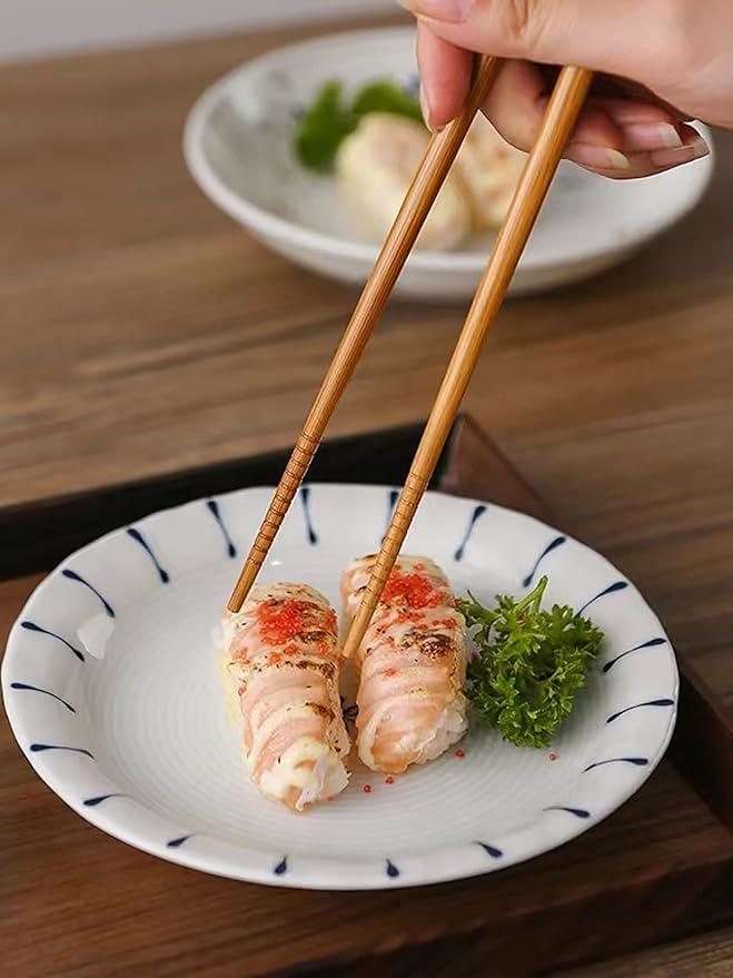 10 Pairs Reusable Bamboo Chopsticks, Blue White Pattern Natural Bamboo Wood Chopsticks, 8.8Inch/22.5cm Polybag packing by LANHUTHS
