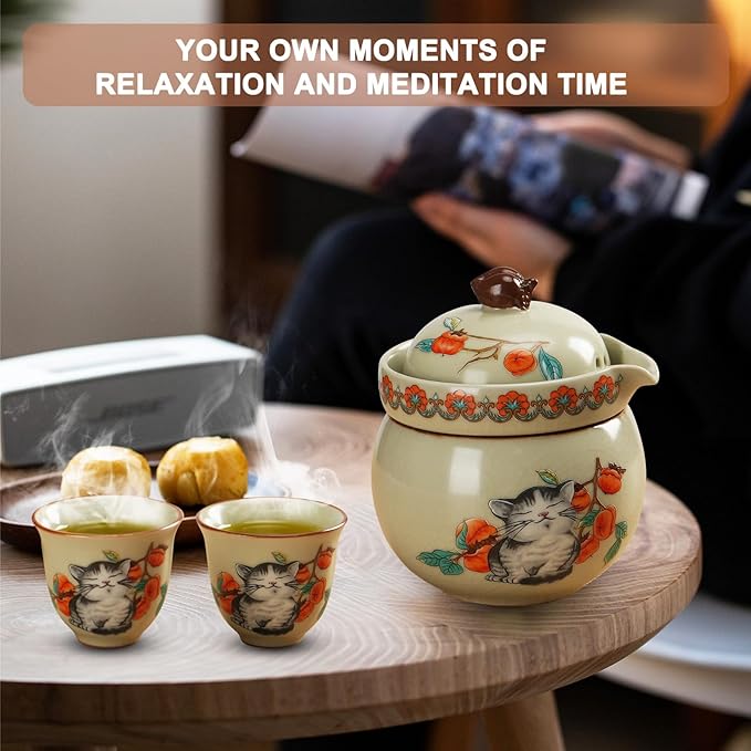 Mini Tea Cups,Cute Lucky Cat Cups,Small Tea Mugs,Porcelain Gongfu Tea set with 3 in 1,Tea Sets for Adults,Ceramic Tea Infuser Cup for Loose Leaf for Women/Tea Lovers/Birthday/Easter's Day (Green)