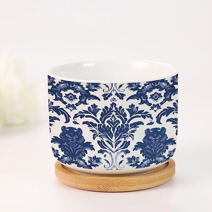 Blue Regalia Lion Ceramics Pots for Plants Set of 5 Indigo Blue Flower Lion Asian Succulents Plants Live with Pot with Drainage Bamboo Trays Chinoiserie Asian Small Ceramics Plant Pot
