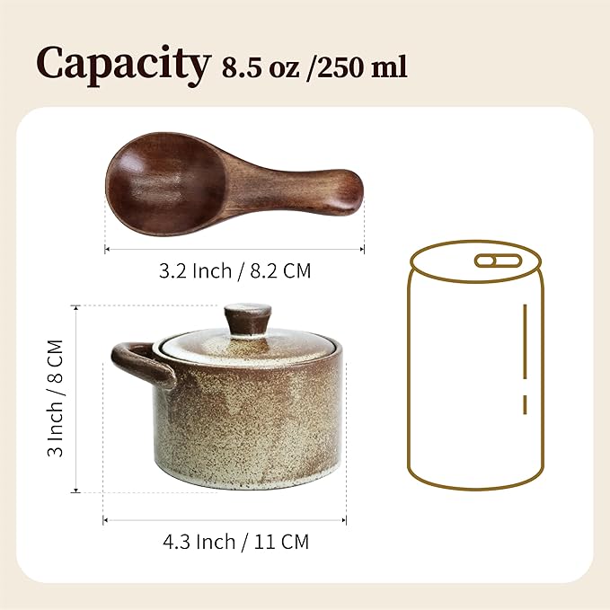 Handcrafted Speckled Ceramic Salt Cellar with Wooden Spoon, Rustic Vintage Spice Jar, Dishwasher Safe, 8.45 fl oz (Peckled Ceramic)