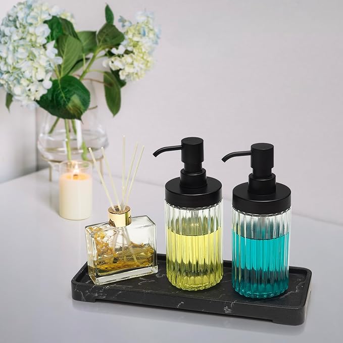 Ribbed Hand Glass Soap Dispenser Set of 2 for Bathroom Countertop & Kitchen Sink Decor, Easy Refill Wide-Mouthed Glass Soap Bottles with Matte Black Pump for Liquid Dish Soap-14.3 oz
