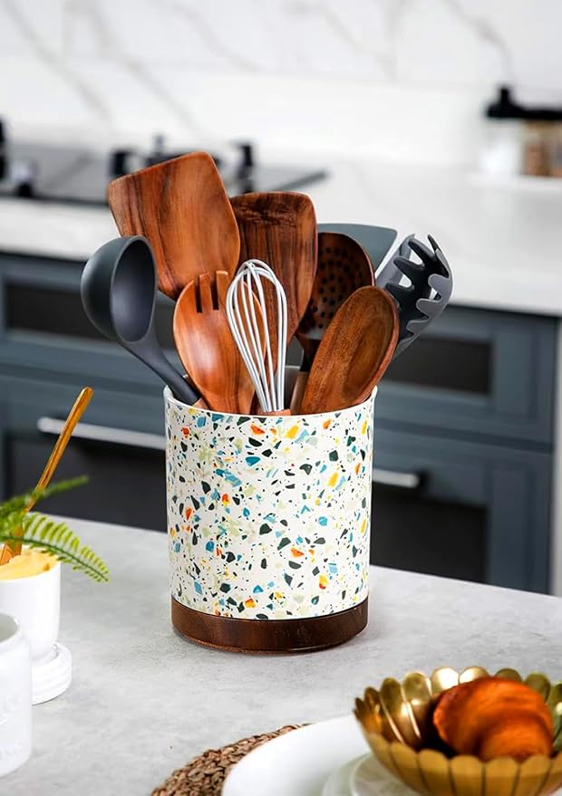 Nucookery 360°Rotating Utensil Holder, 7.2" Kitchen Utensil Crock, Ceramic Cooking Utensil Organizer with Countertop-Protection Cork Bottom for Farmhouse Kitchen Decor Christmas (Marble Pattern)