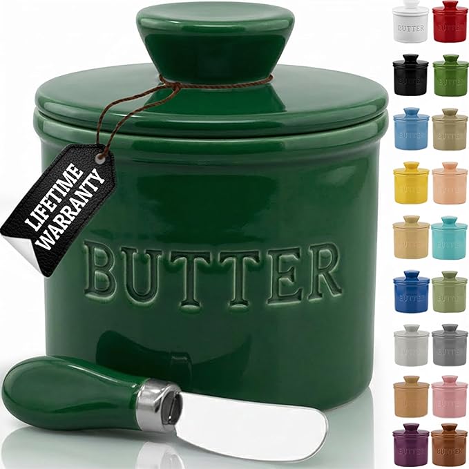 PriorityChef Butter Crock with Lid with Water Line,Ceramic French Butter Dish to Leave On Counter, Formal Garden