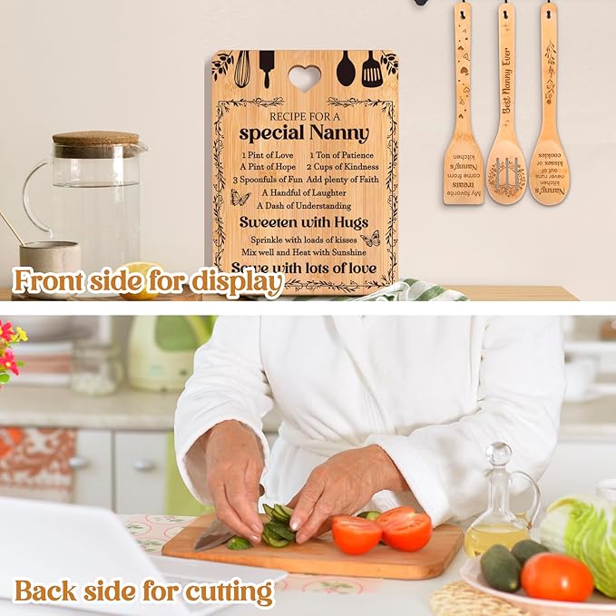 Gifts for Nanny - "Recipe for a Special Nanny" Nanny Gifts Cutting Board Set, Bamboo-Made Engraved Utensil Set Nanny Gifts for Grandma, Best Nanny Gifts