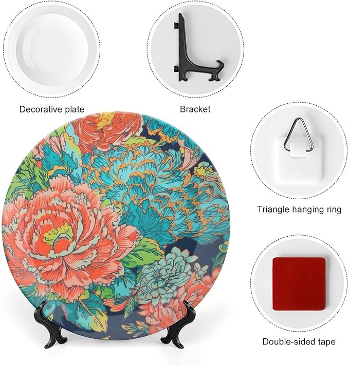 Ceramic Decorative Plate Chinoiserie Peony Floral Personalized Decor for Farmhouse Club Art Decoration Wall Ceramic Dinner Plate with Vertical Stand, Multi Sizes by Choosing, Gifts for Men Women