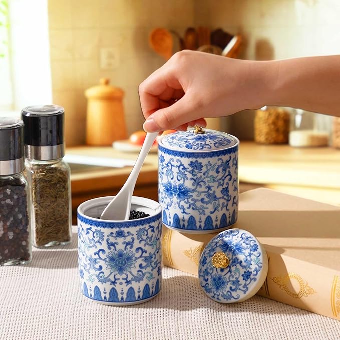 2 Pcs Vintage Blue and White Porcelain Salt Cellar with Lid Ceramic Salt Holder Container for Countertop Coffee, Sugar, Spices and Candies, Airtight Spice Jar, Kitchen Storage Dish