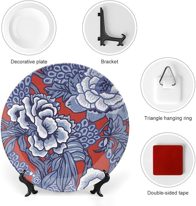 Red And Blue Chinoiserie Peony Floral Decorative Plate of 6", 7", 9", 10", Personalized Colorful Chinoiserie Flower Dinner Plates, Display Club Decorations Wedding, Including Bracket And Special Hook