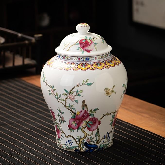 fanquare Porcelain Airtight Canister for Loose Tea Vintage Chinese Ripe Peach Style Ceramic Spice Jar Kitchen Storage Caddy Large Sugar Jar, Vase for Décor