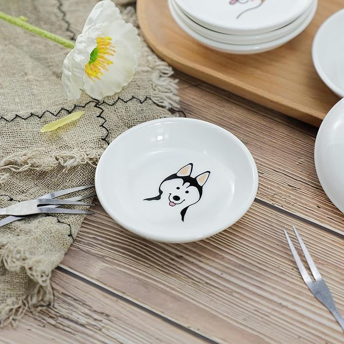 SOCOSY Super Cute Cartoon Animal Pattern Ceramic Sauce Dish/Seasoning Dish/Sushi Soy Dipping Bowl/Appetizer Plates/Serving Dish for Kitchen Home(Set of 6)-Dog Heads