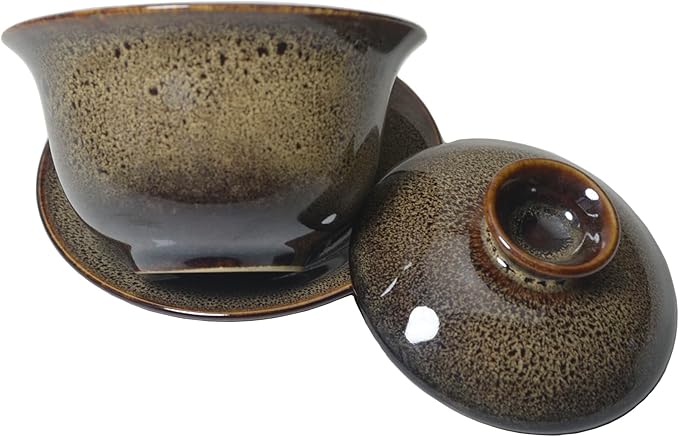 Liang baobao Porcelain Gaiwan 5.6oz Tea Cup Color Glazed Cups Tureen Chinese Teacup Sancai Cover Bowl Lip Saucer Set (brown)