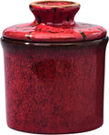Pottery Butter Crock with Lid, Ceramic Butter Dish with Water Line, Countertop Butter Keeper, Butter Holder for Countertop, Red