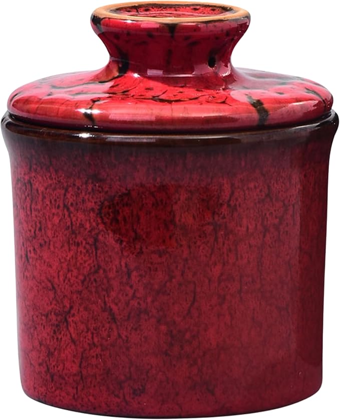 Pottery Butter Crock with Lid, Ceramic Butter Dish with Water Line, Countertop Butter Keeper, Butter Holder for Countertop, Red