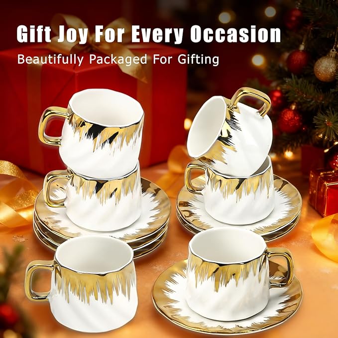 Coffee Cup Set of 6 with Saucers, 3.5 OZ Ceramic Espresso Cups Set, Gold Trim Turkish Coffee Cup Gift for Cappuccino, Latte, Cafe Mocha and Tea, Dishwasher & Microwave Safe(Gold Twill)